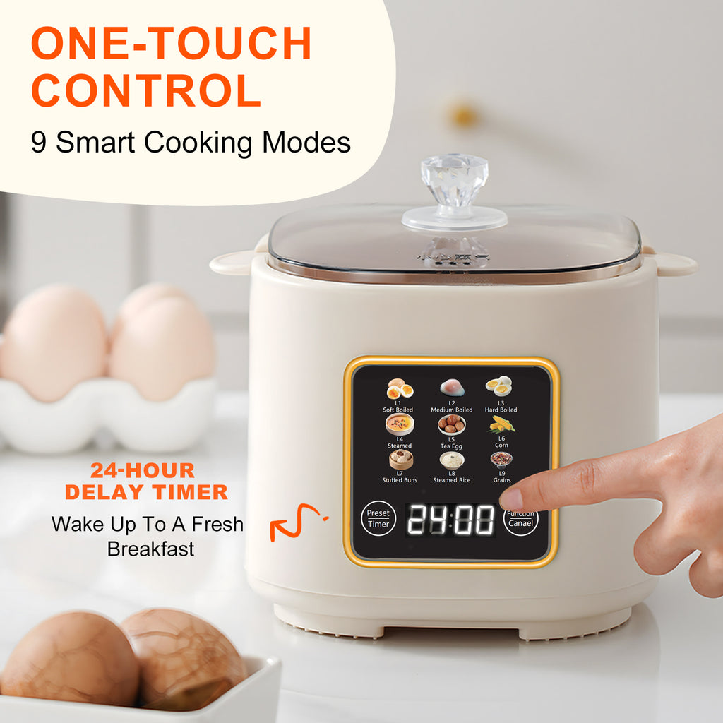 Electric Hard Boiled Egg Cooker & Mini Food Steamer,24H Delay Start