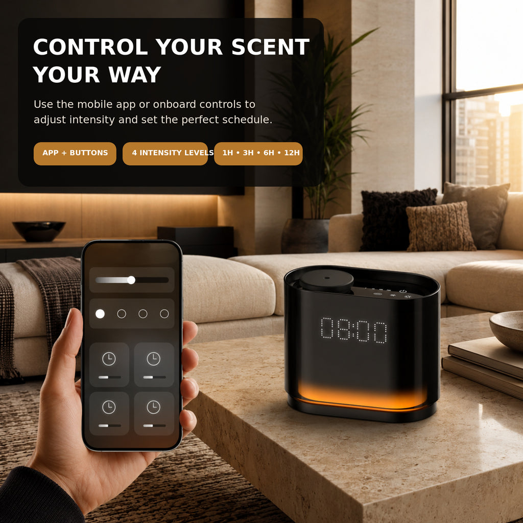 Waterless Diffuser for Home,1500 Sq Ft,LED Clock Display & Ambient Light, Smart Aroma Diffuser APP,Ultra Quiet Scent Air Machine, 4 Scent Levels, 1/3/6/12H Timer, 60ml