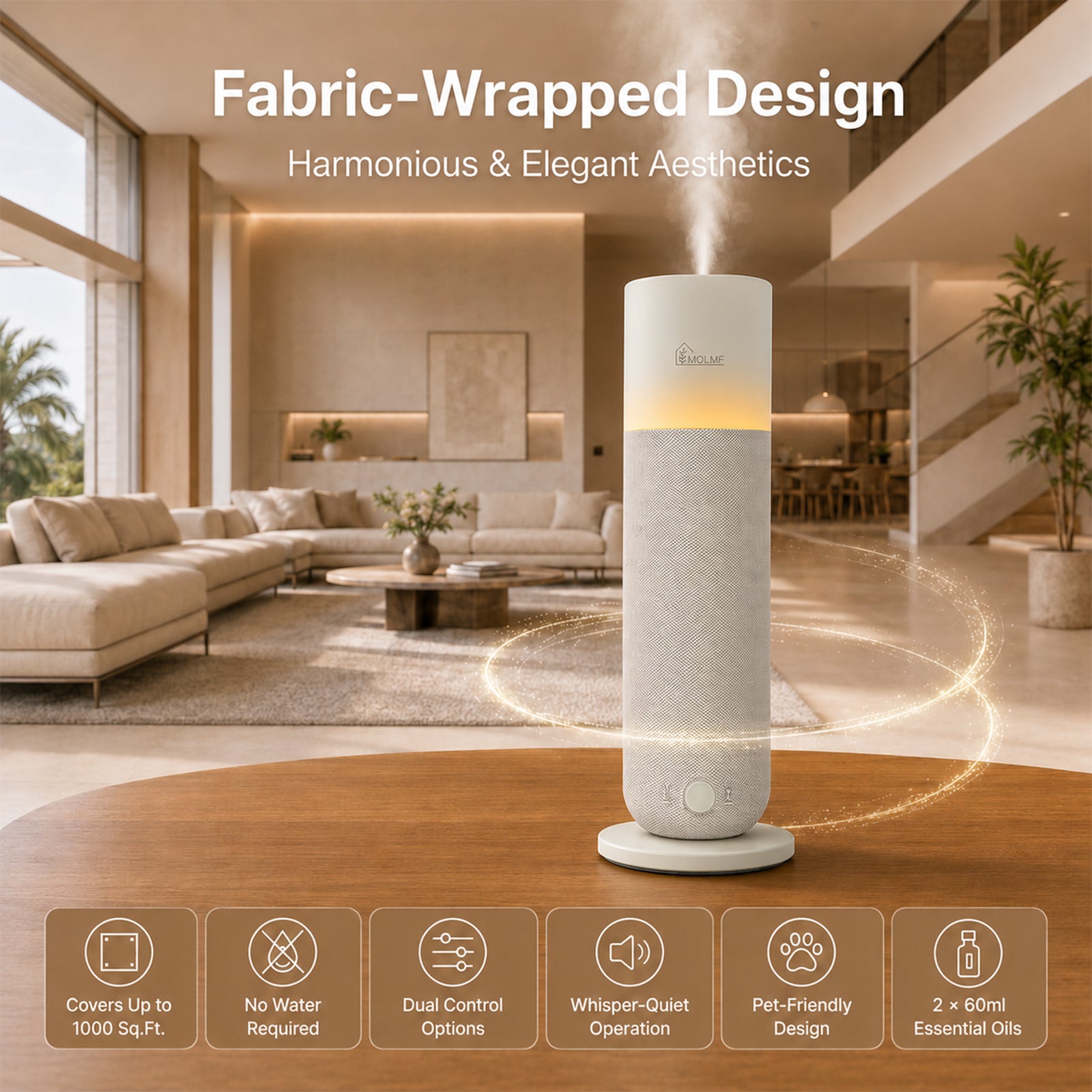 Fabric-Wrapped Waterless Scent Diffuser with 2 × 60 ml Oils, 1,000 Sq. Ft.