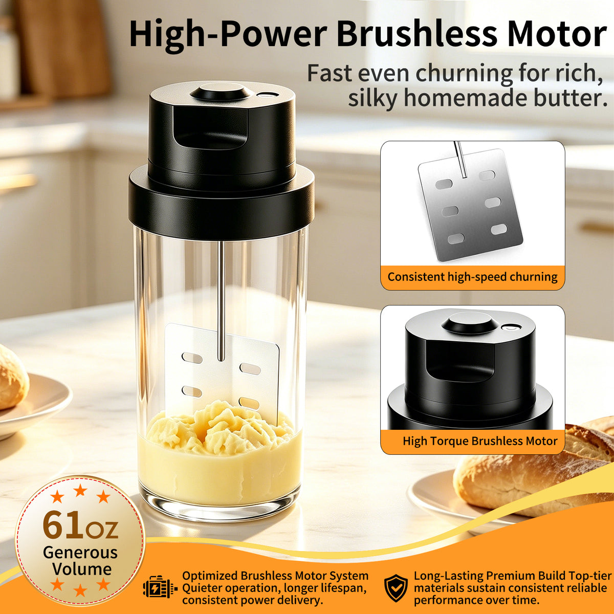 Electric Butter Churner,61 oz Glass Butter Maker Machine One-Touch Electric Butter Churner for Heavy Cream, Automatic Butter Make,Auto Shut-Off，10000RPM High-Speed Motor.