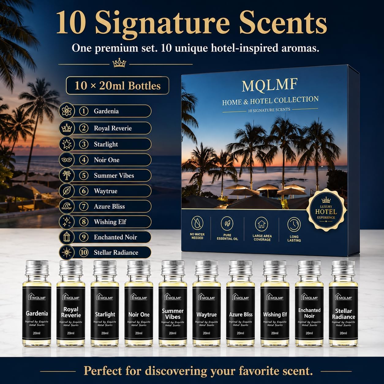 5 Signature Hotel Scents & 5 Everyday Home Scents，10 x 20ml Aroma Oils for Waterless Diffusers.