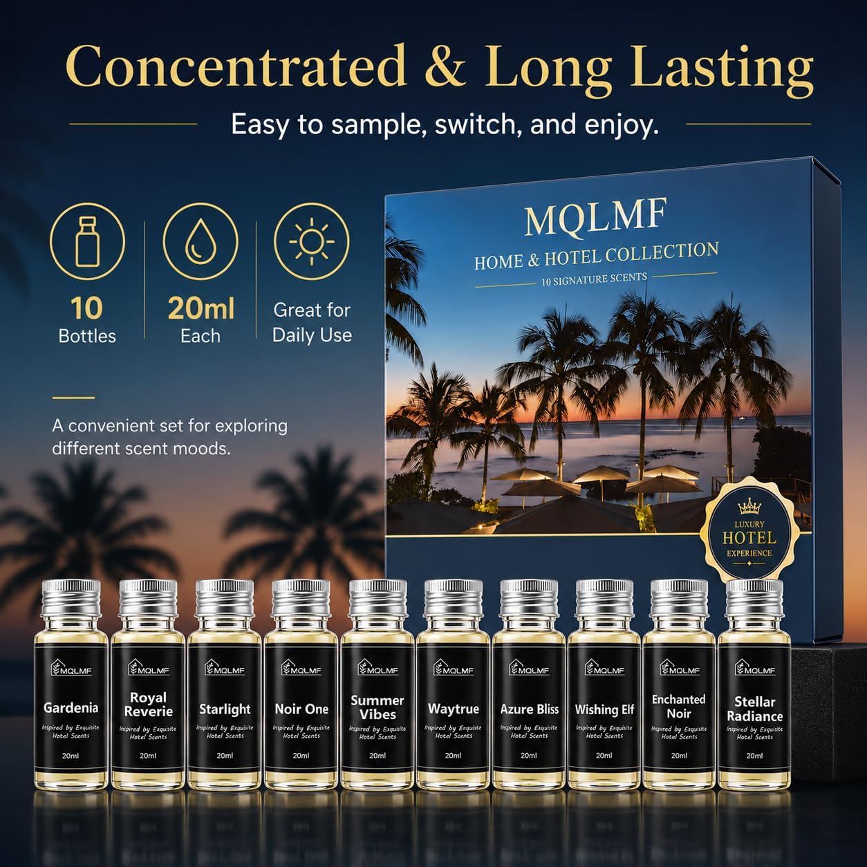 5 Signature Hotel Scents & 5 Everyday Home Scents，10 x 20ml Aroma Oils for Waterless Diffusers.
