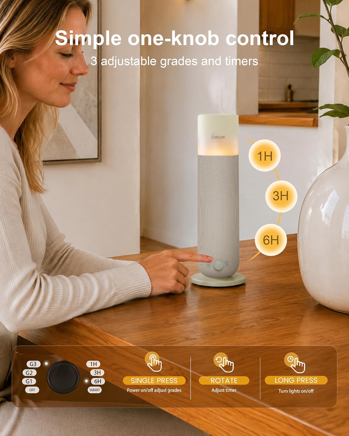 Fabric-Wrapped Waterless Scent Diffuser with 2 × 60 ml Oils, 1,000 Sq. Ft.