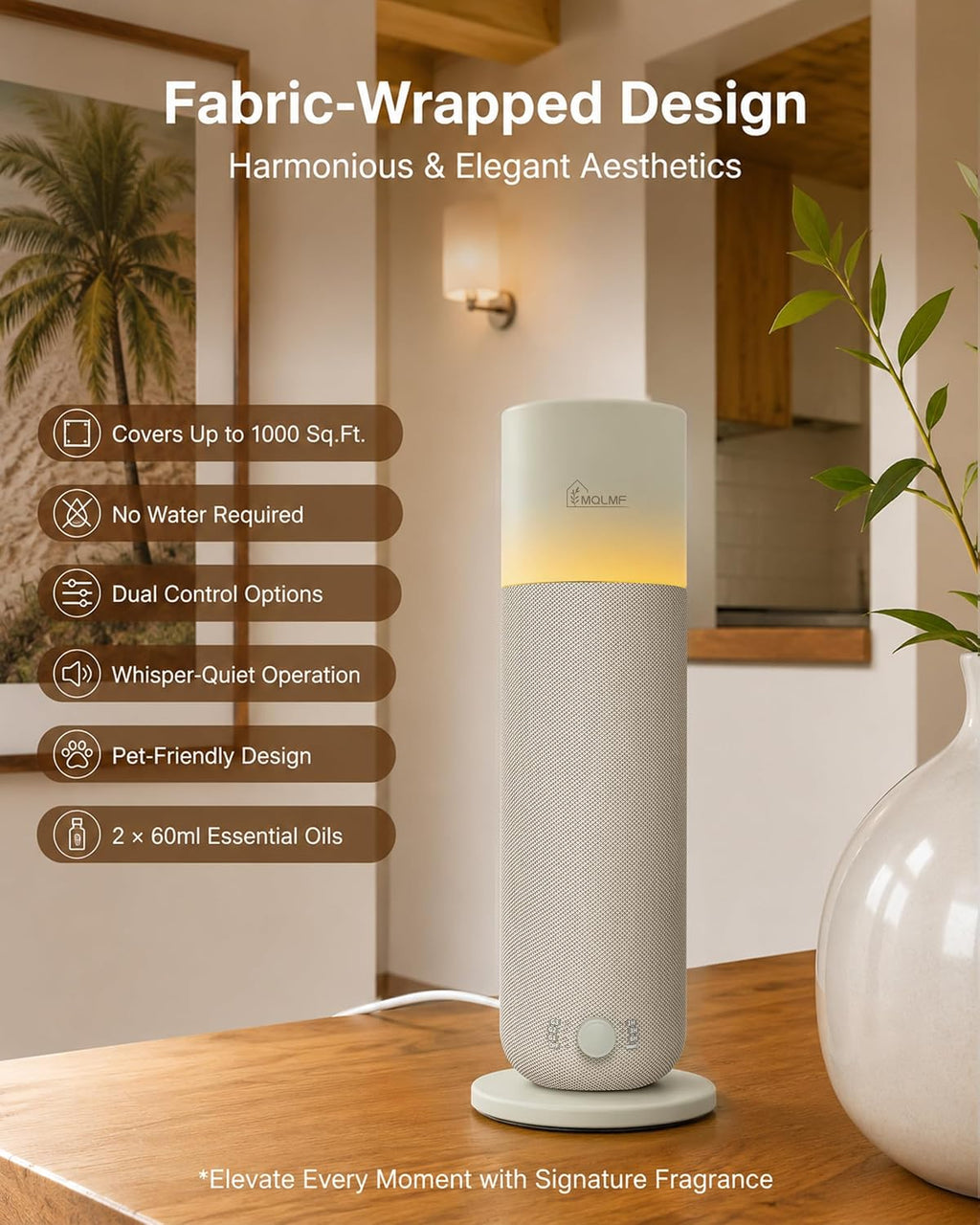 Fabric-Wrapped Waterless Scent Diffuser with 2 × 60 ml Oils, 1,000 Sq. Ft.