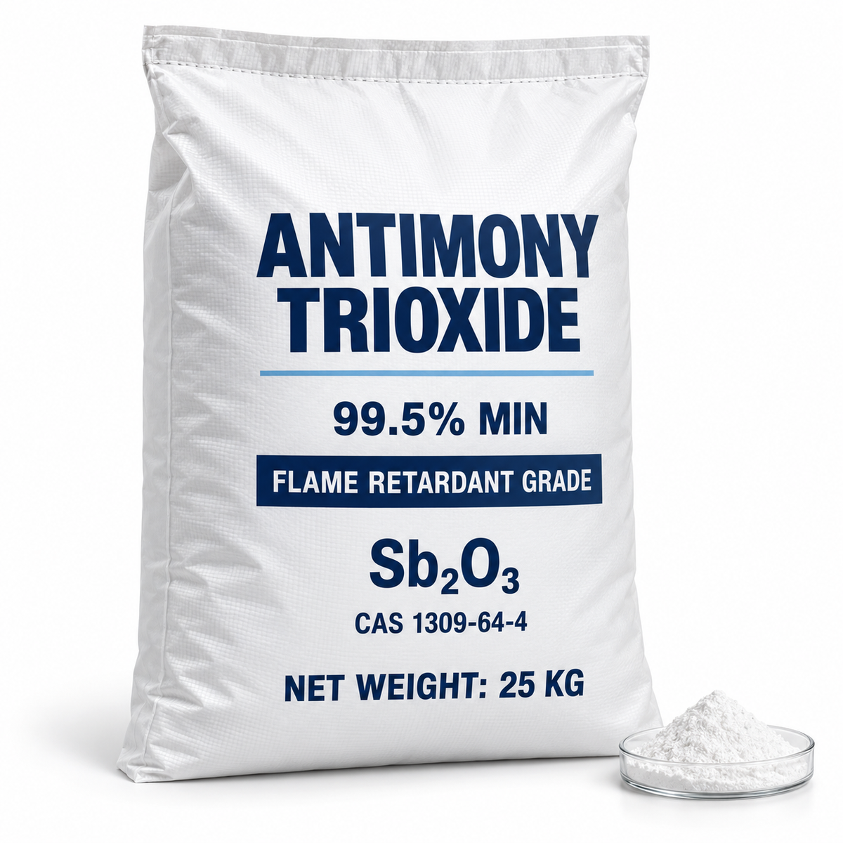 Antimony Trioxide 99.5% Flame Retardant Grade, Sb2O3 Powder, CAS 1309-64-4, 25kg Bag